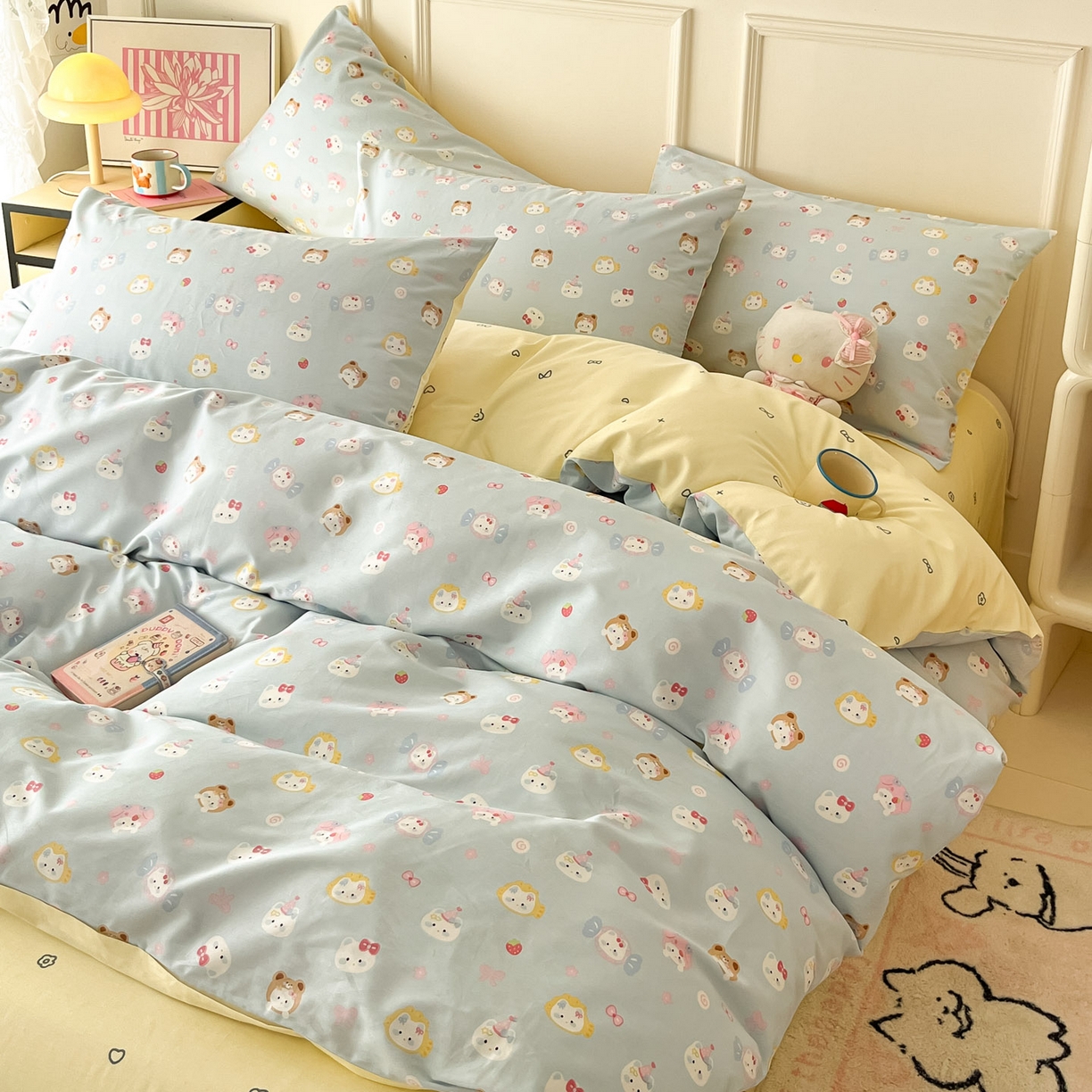 91家纺网 家纺一手货源 找家纺 西引力 2026新款40S全棉斜纹印花四件套 糖果猫-蓝