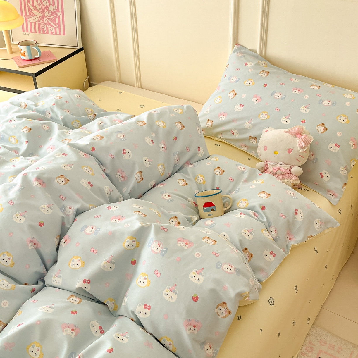 91家纺网 家纺一手货源 找家纺 西引力 2026新款40S全棉斜纹印花四件套 糖果猫-蓝