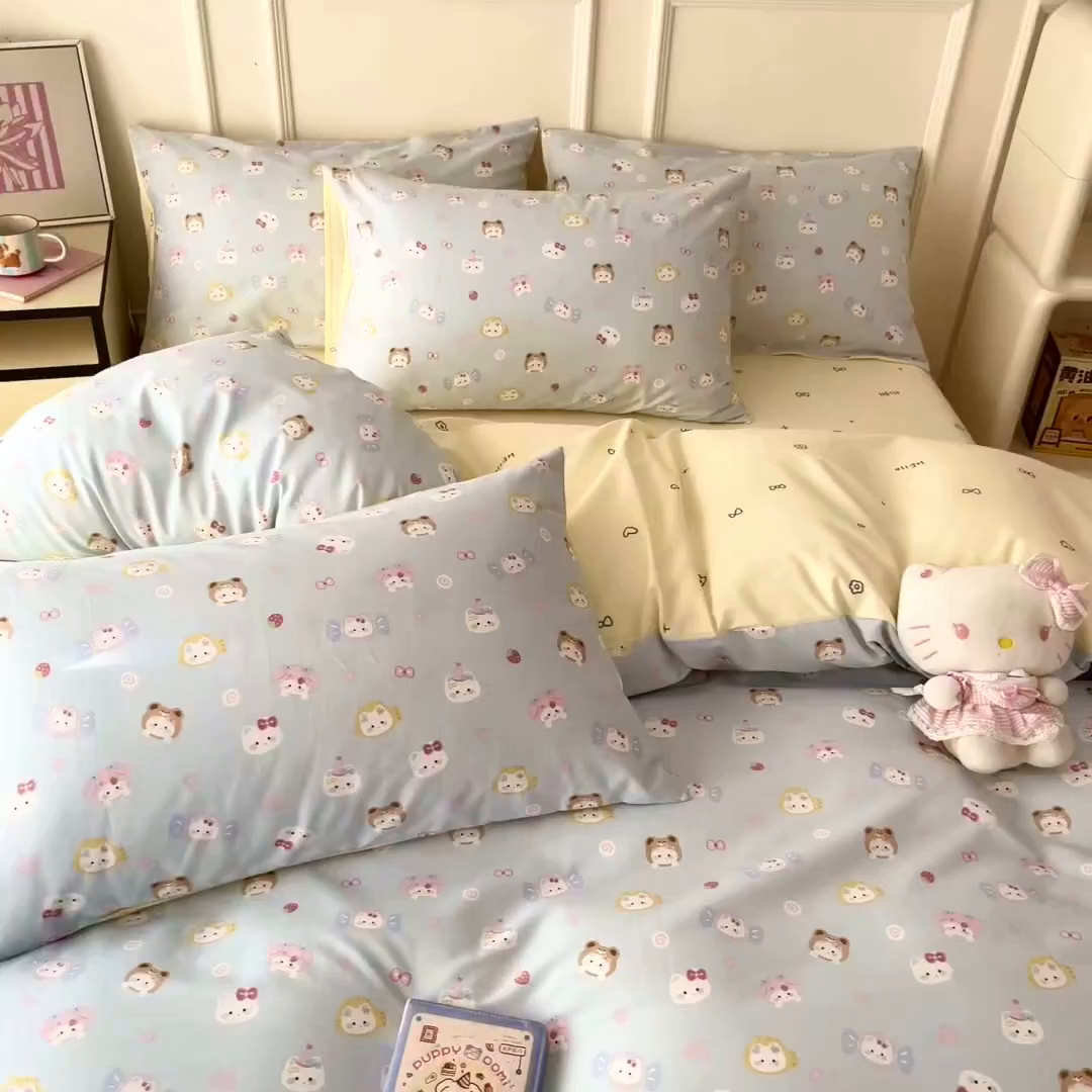 91家纺网 家纺一手货源 找家纺 西引力 2026新款40S全棉斜纹印花四件套 糖果猫-蓝