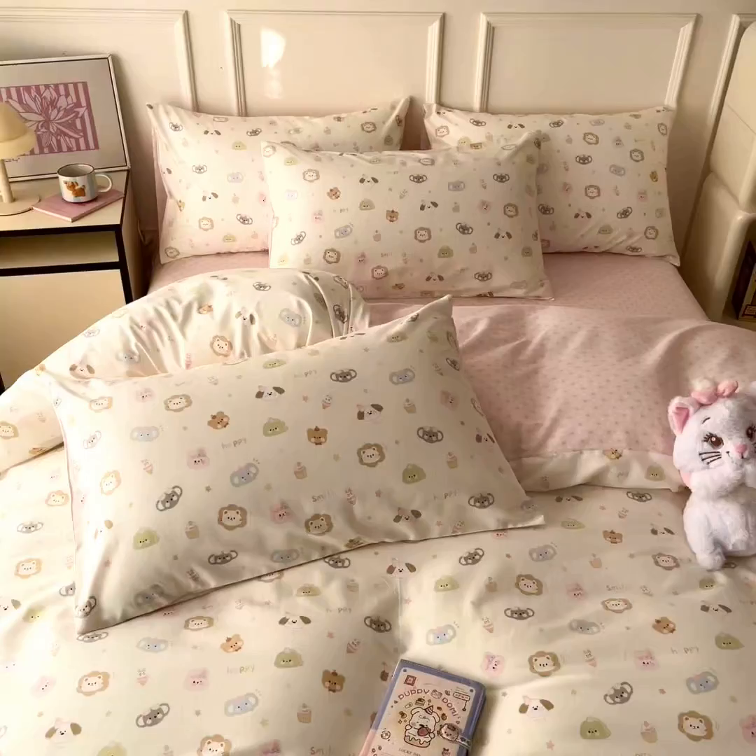 91家纺网 家纺一手货源 找家纺 西引力 2026新款40S全棉斜纹印花四件套 甜品猫