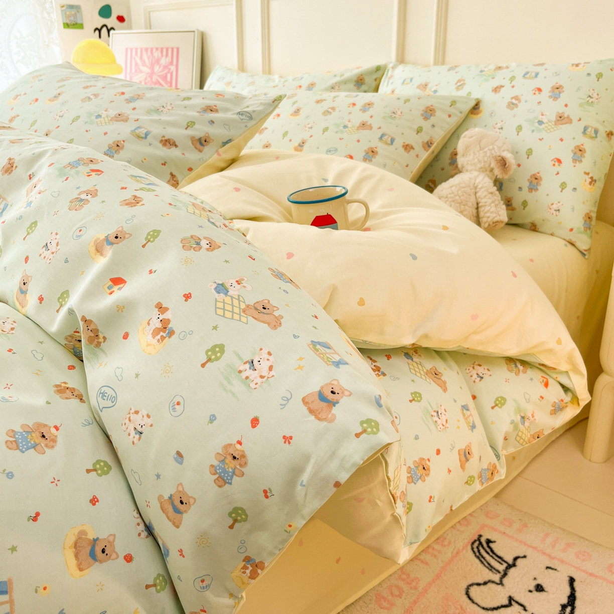 91家纺网 家纺一手货源 找家纺 西引力 2026新款40S全棉斜纹印花四件套 童趣小狗