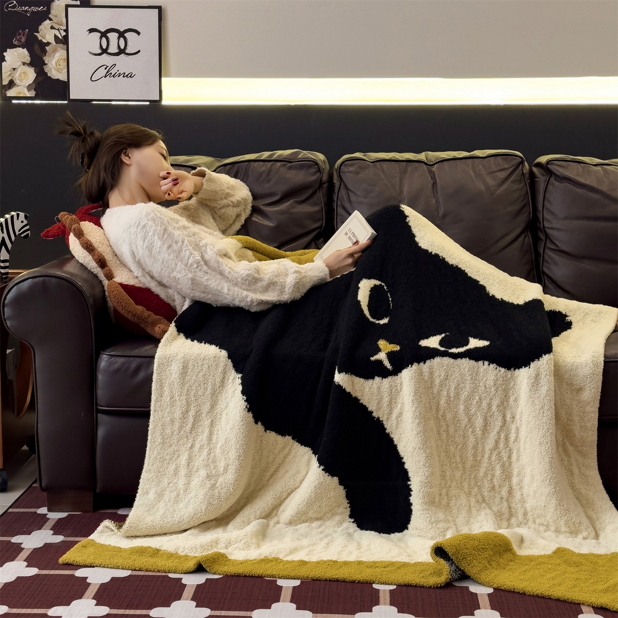 91家纺网 家纺一手货源 找家纺 兄弟坊 2026新款A类大阪半边绒糯叽叽毛毯 盖毯 午睡毯 夏被毯 披肩毯 糯叽叽半边绒-软萌猫