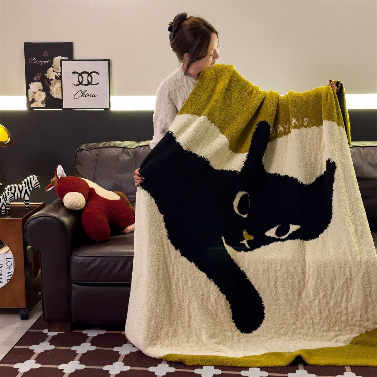 91家纺网 家纺一手货源 找家纺 兄弟坊 2026新款A类大阪半边绒糯叽叽毛毯 盖毯 午睡毯 夏被毯 披肩毯 糯叽叽半边绒-软萌猫
