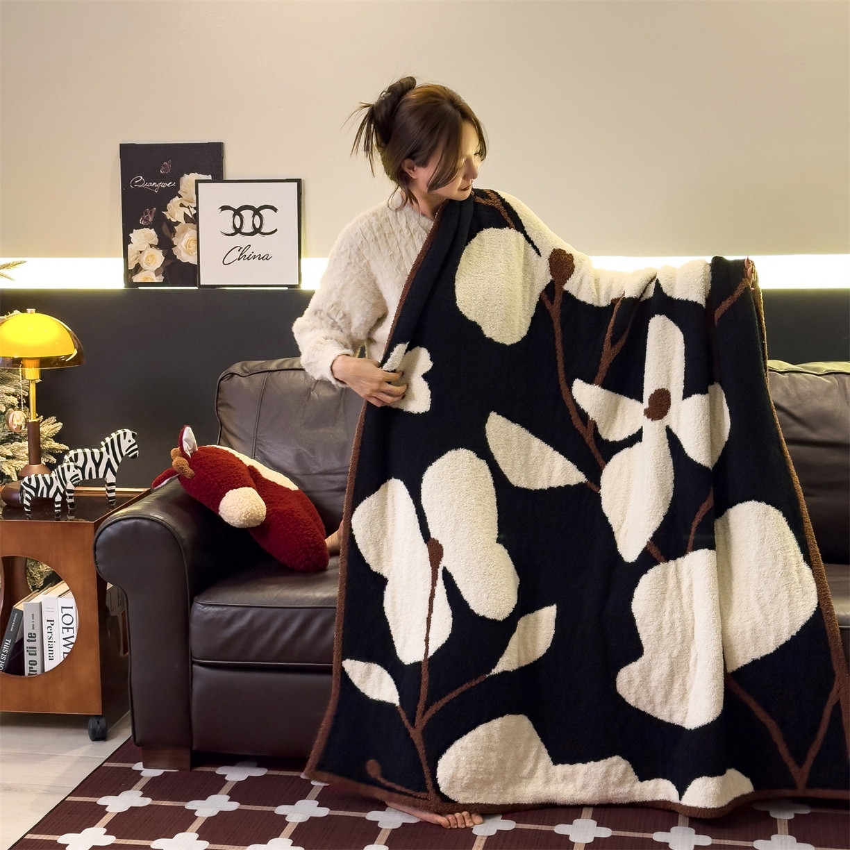 91家纺网 家纺一手货源 找家纺 兄弟坊 2026新款A类大阪半边绒糯叽叽毛毯 盖毯 午睡毯 夏被毯 披肩毯 糯叽叽半边绒-浮生花