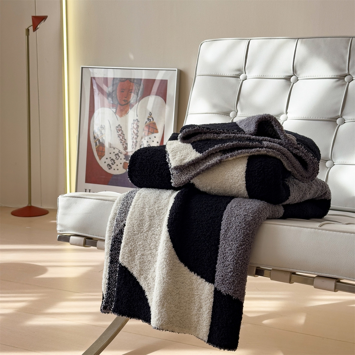 91家纺网 家纺一手货源 找家纺 兄弟坊 2026新款A类大阪半边绒糯叽叽毛毯 盖毯 午睡毯 夏被毯 披肩毯 糯叽叽半边绒-几何图