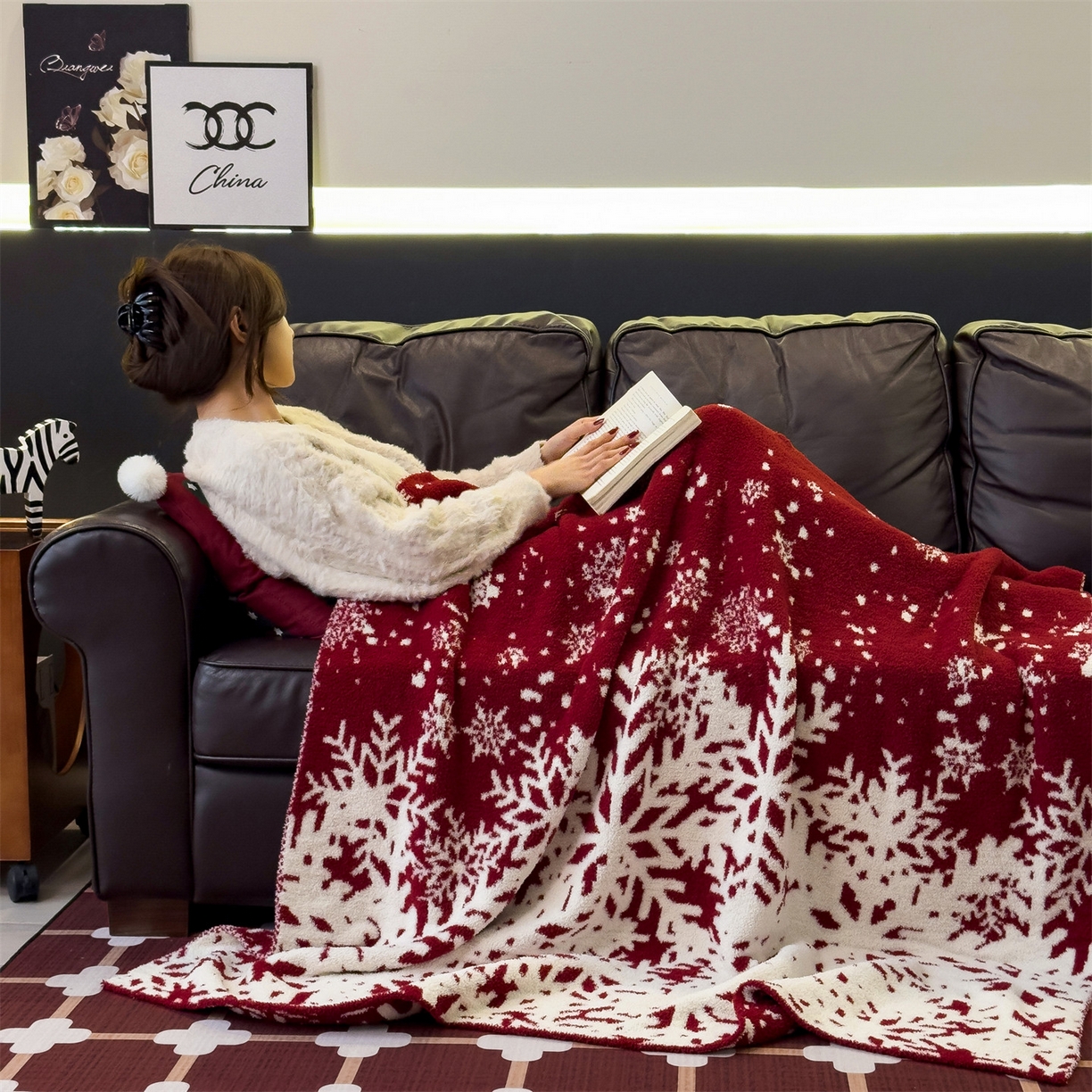 91家纺网 家纺一手货源 找家纺 兄弟坊 2026新款A类大阪半边绒糯叽叽毛毯 盖毯 午睡毯 夏被毯 披肩毯 糯叽叽半边绒-雪花-红