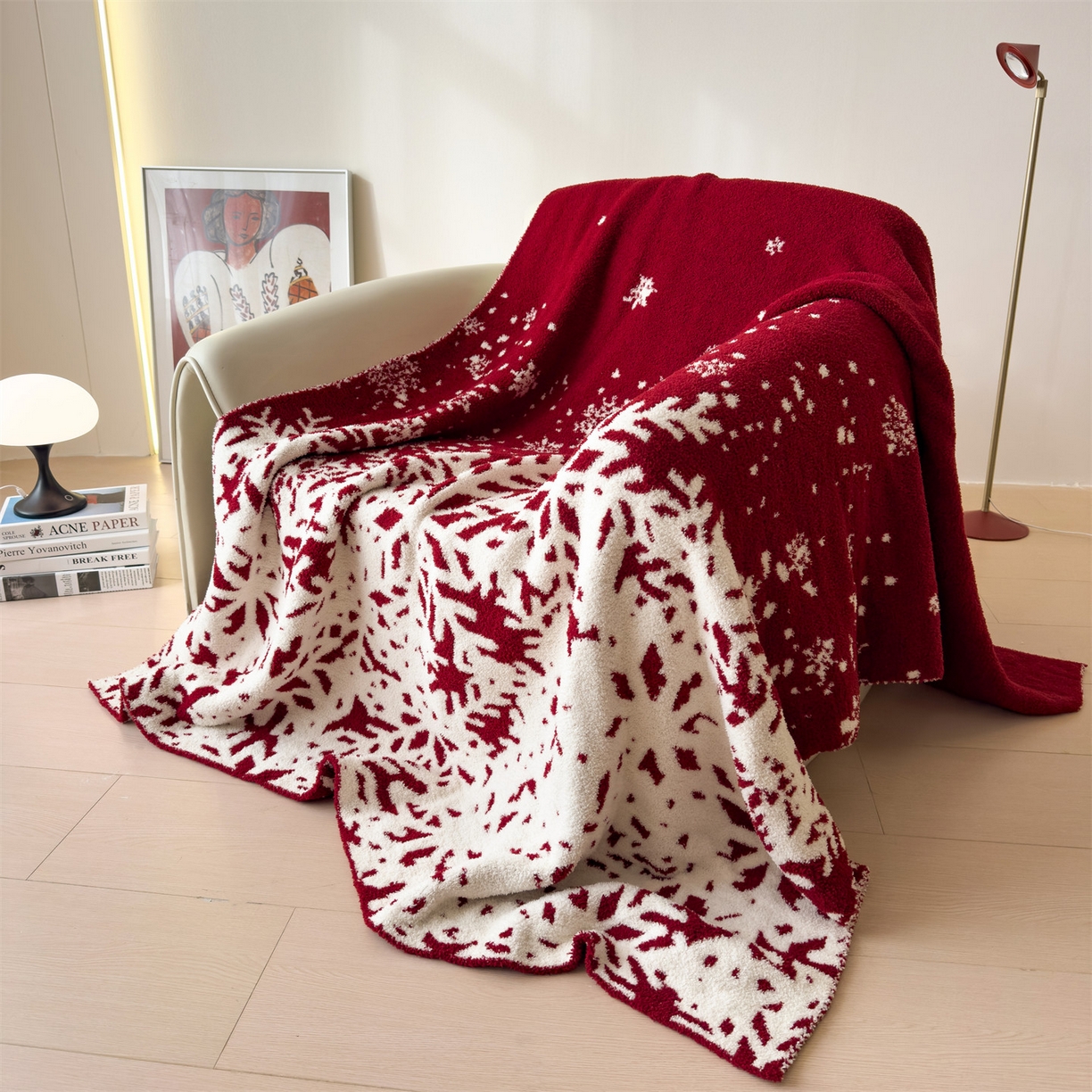 91家纺网 家纺一手货源 找家纺 兄弟坊 2026新款A类大阪半边绒糯叽叽毛毯 盖毯 午睡毯 夏被毯 披肩毯 糯叽叽半边绒-雪花-红