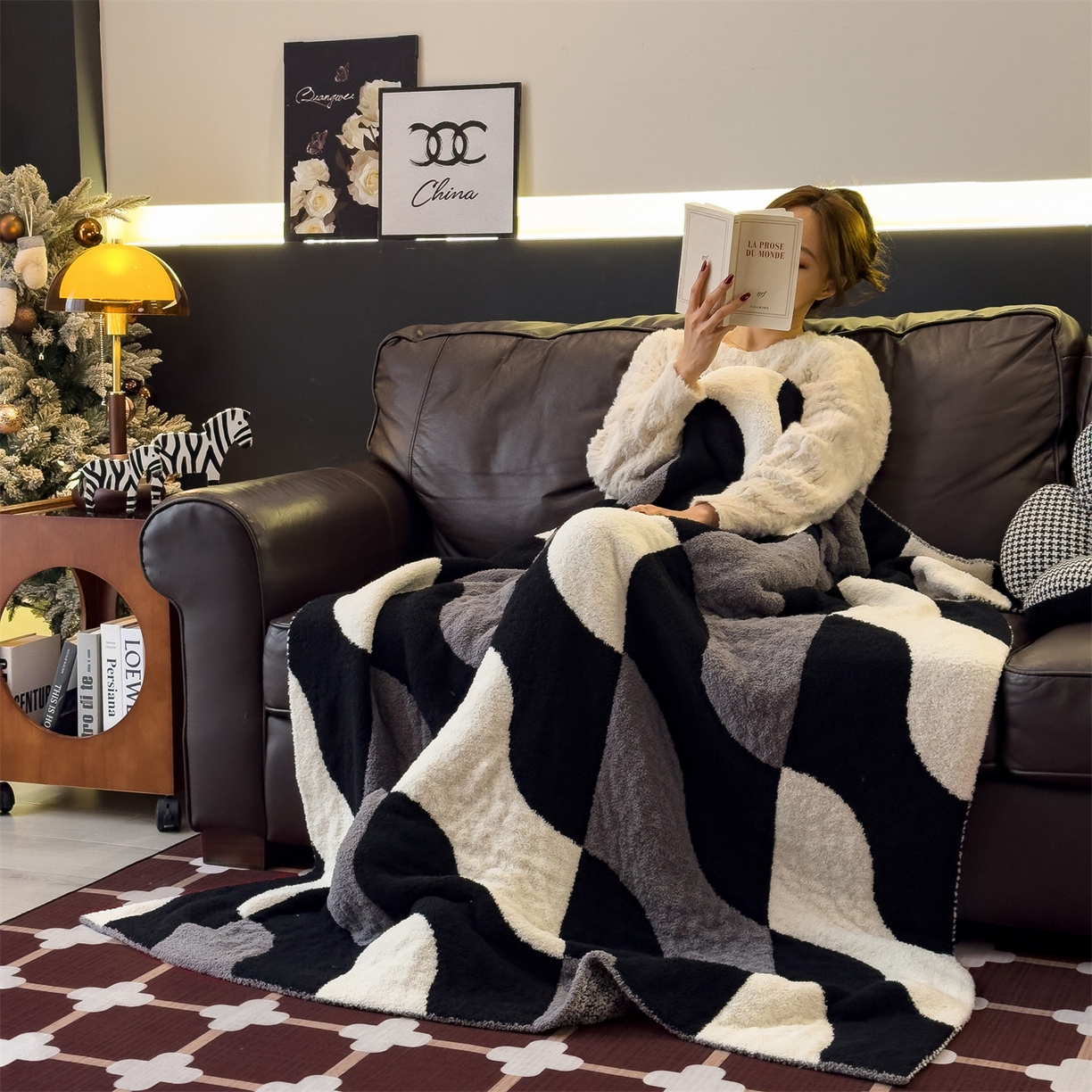 91家纺网 家纺一手货源 找家纺 兄弟坊 2026新款A类大阪半边绒糯叽叽毛毯 盖毯 午睡毯 夏被毯 披肩毯 糯叽叽半边绒-几何图