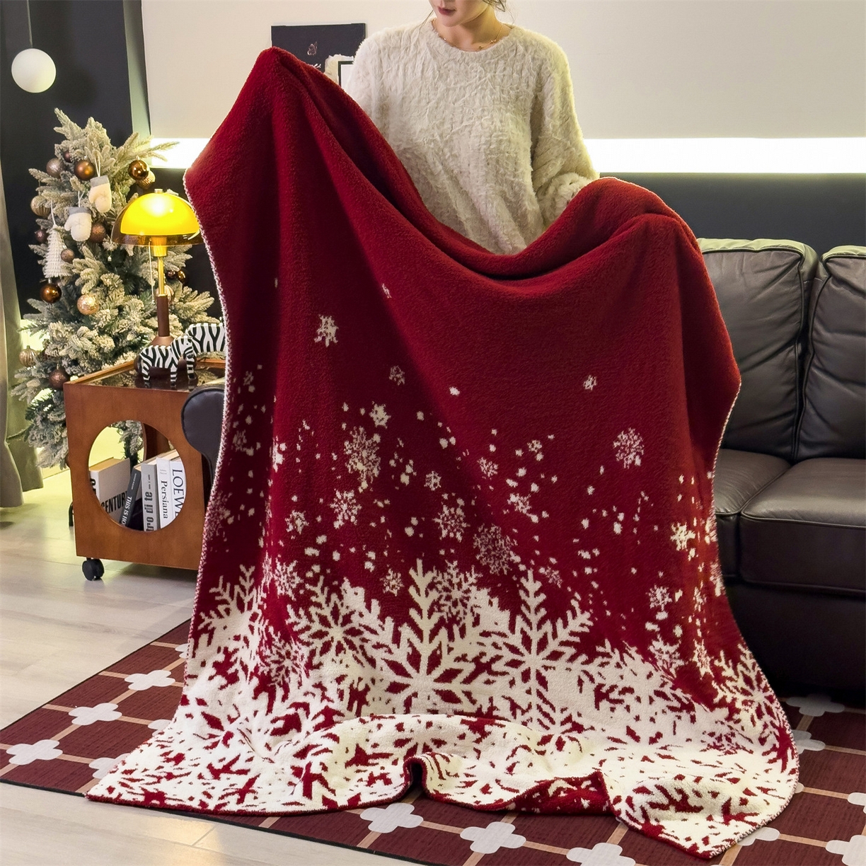 91家纺网 家纺一手货源 找家纺 兄弟坊 2026新款A类大阪半边绒糯叽叽毛毯 盖毯 午睡毯 夏被毯 披肩毯 糯叽叽半边绒-雪花-红