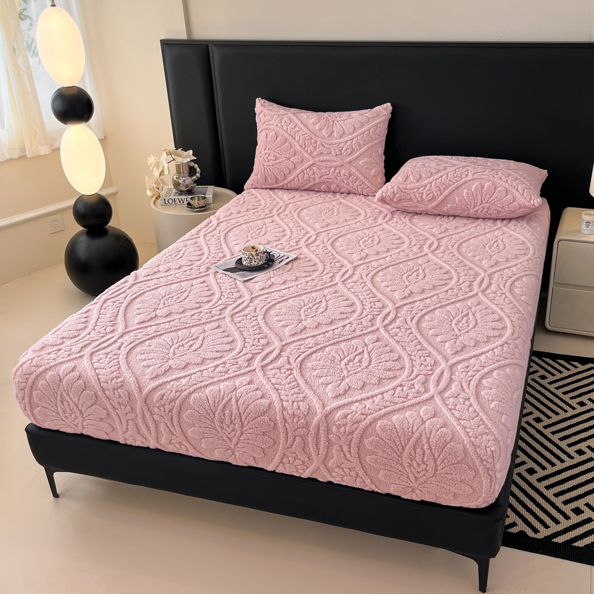 91家纺网 家纺一手货源 找家纺 莱家富 2026新款提花塔芙绒床笠-繁花系列（可供跨境外贸抽空压缩爆款首选） 繁花-公主粉