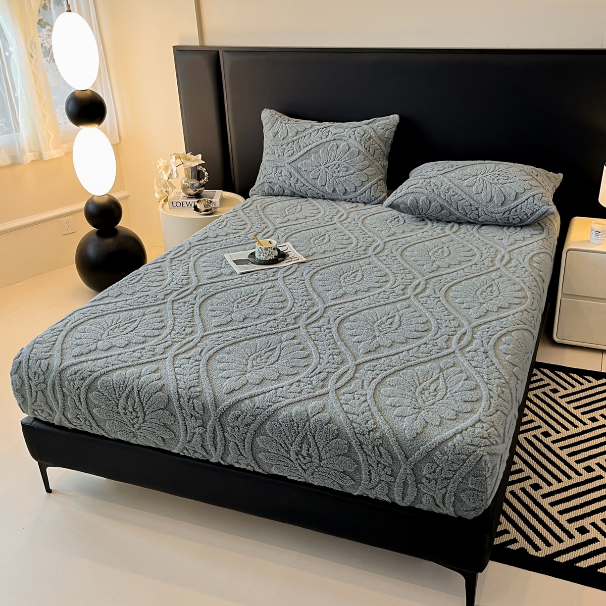 91家纺网 家纺一手货源 找家纺 莱家富 2026新款提花塔芙绒床笠-繁花系列（可供跨境外贸抽空压缩爆款首选） 繁花-深灰