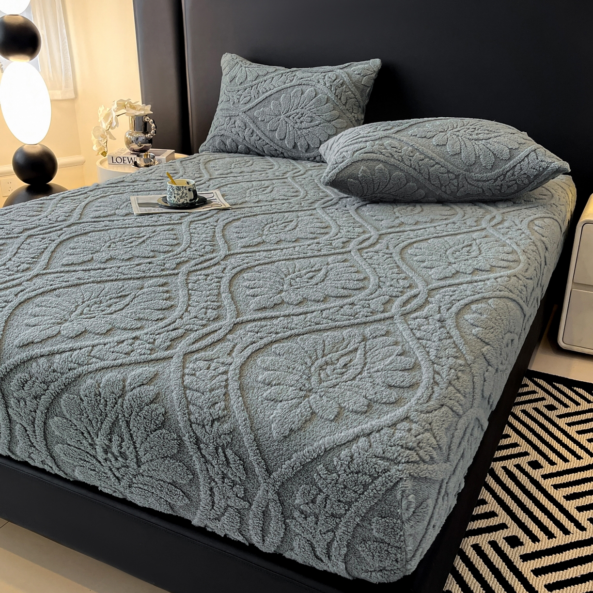 91家纺网 家纺一手货源 找家纺 莱家富 2026新款提花塔芙绒床笠-繁花系列（可供跨境外贸抽空压缩爆款首选） 繁花-深灰