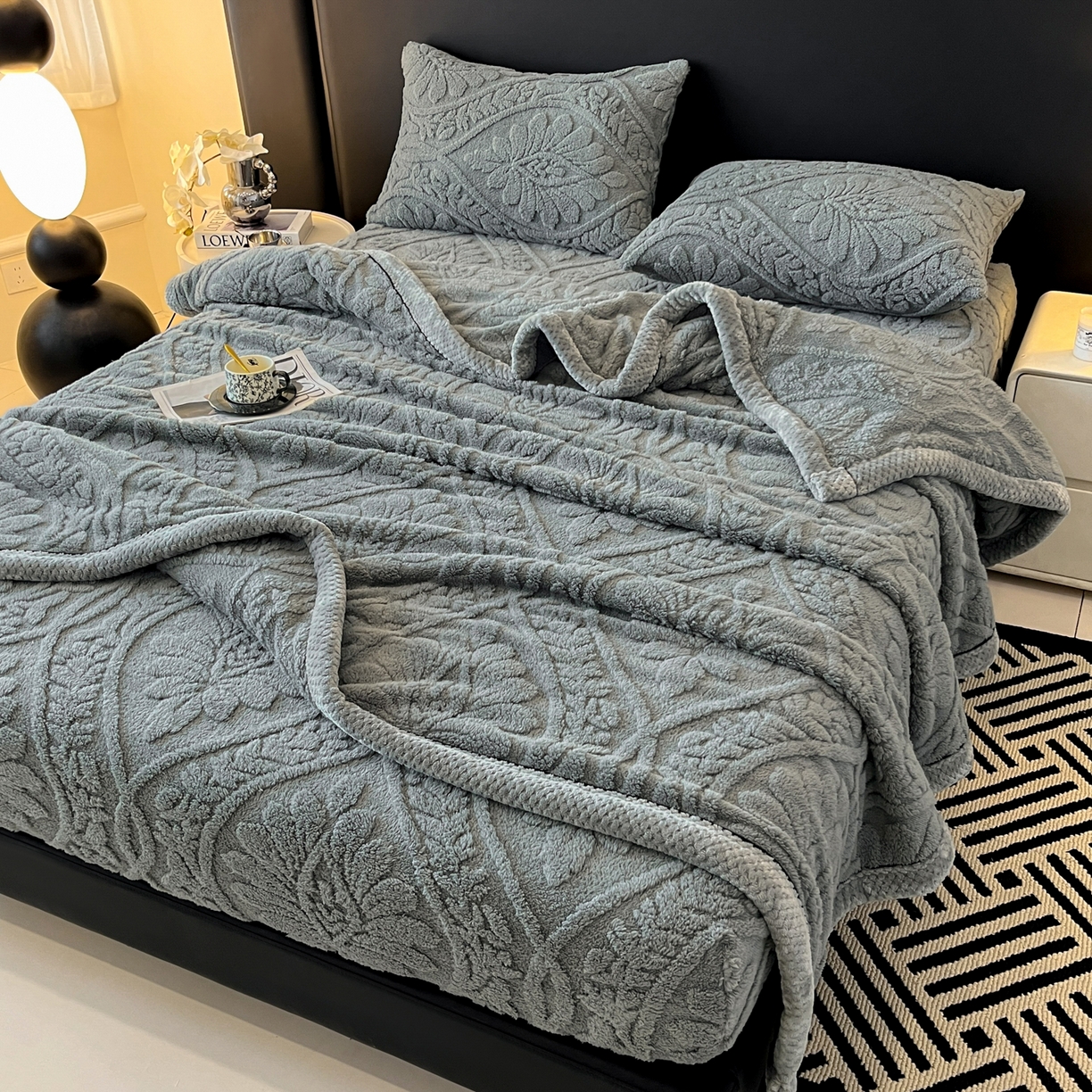 91家纺网 家纺一手货源 找家纺 莱家富 2026新款提花塔芙绒床笠-繁花系列（可供跨境外贸抽空压缩爆款首选） 繁花-深灰