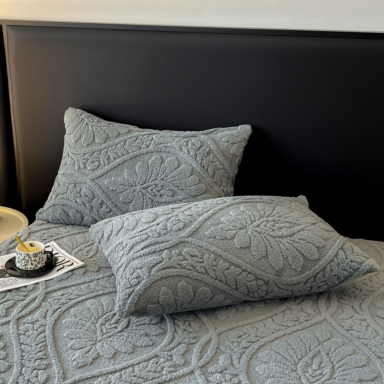 91家纺网 家纺一手货源 找家纺 莱家富 2026新款提花塔芙绒床笠-繁花系列（可供跨境外贸抽空压缩爆款首选） 繁花-深灰