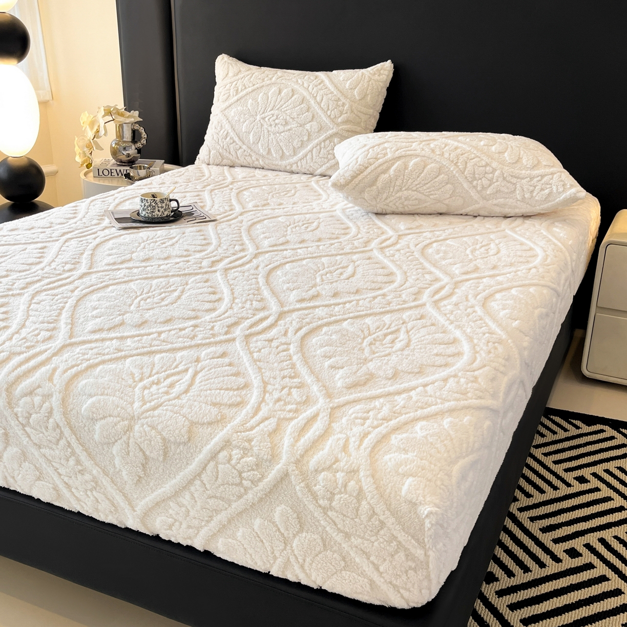 91家纺网 家纺一手货源 找家纺 莱家富 2026新款提花塔芙绒床笠-繁花系列（可供跨境外贸抽空压缩爆款首选） 繁花-象牙白