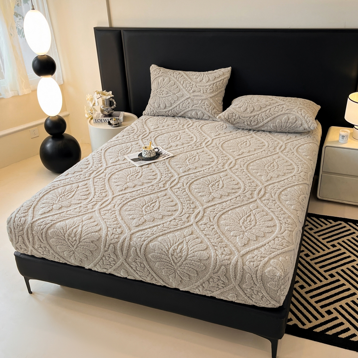 91家纺网 家纺一手货源 找家纺 莱家富 2026新款提花塔芙绒床笠-繁花系列（可供跨境外贸抽空压缩爆款首选） 繁花-月影灰