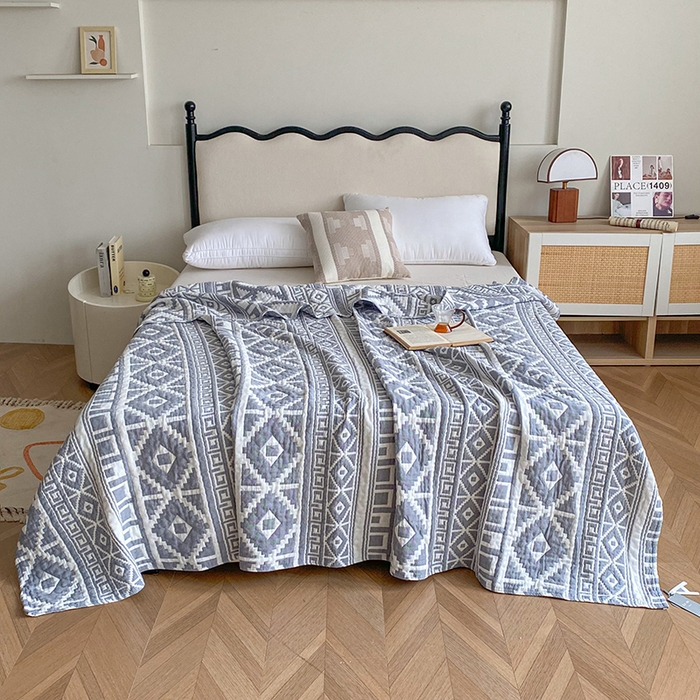 91家纺网 家纺一手货源 找家纺 卡奥家纺 2026新款水洗全棉纯棉四层纱盖毯毛巾被夏凉被夏被空调被-图腾系列 图腾-蓝