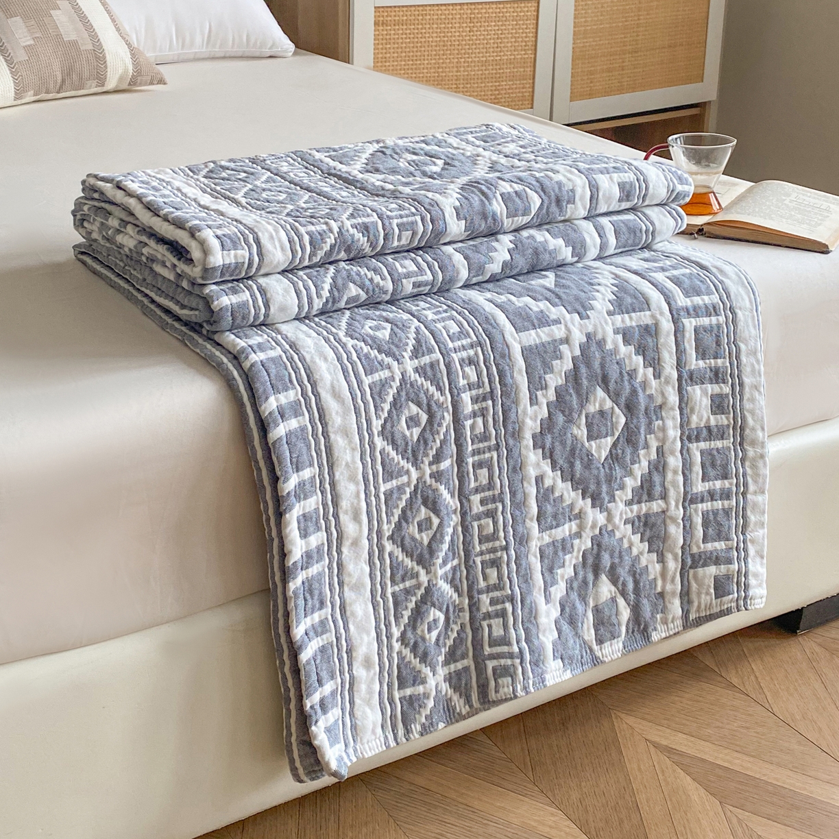 卡奥家纺 2026新款水洗全棉纯棉四层纱盖毯毛巾被夏凉被夏被空调被-图腾系列 图腾-蓝