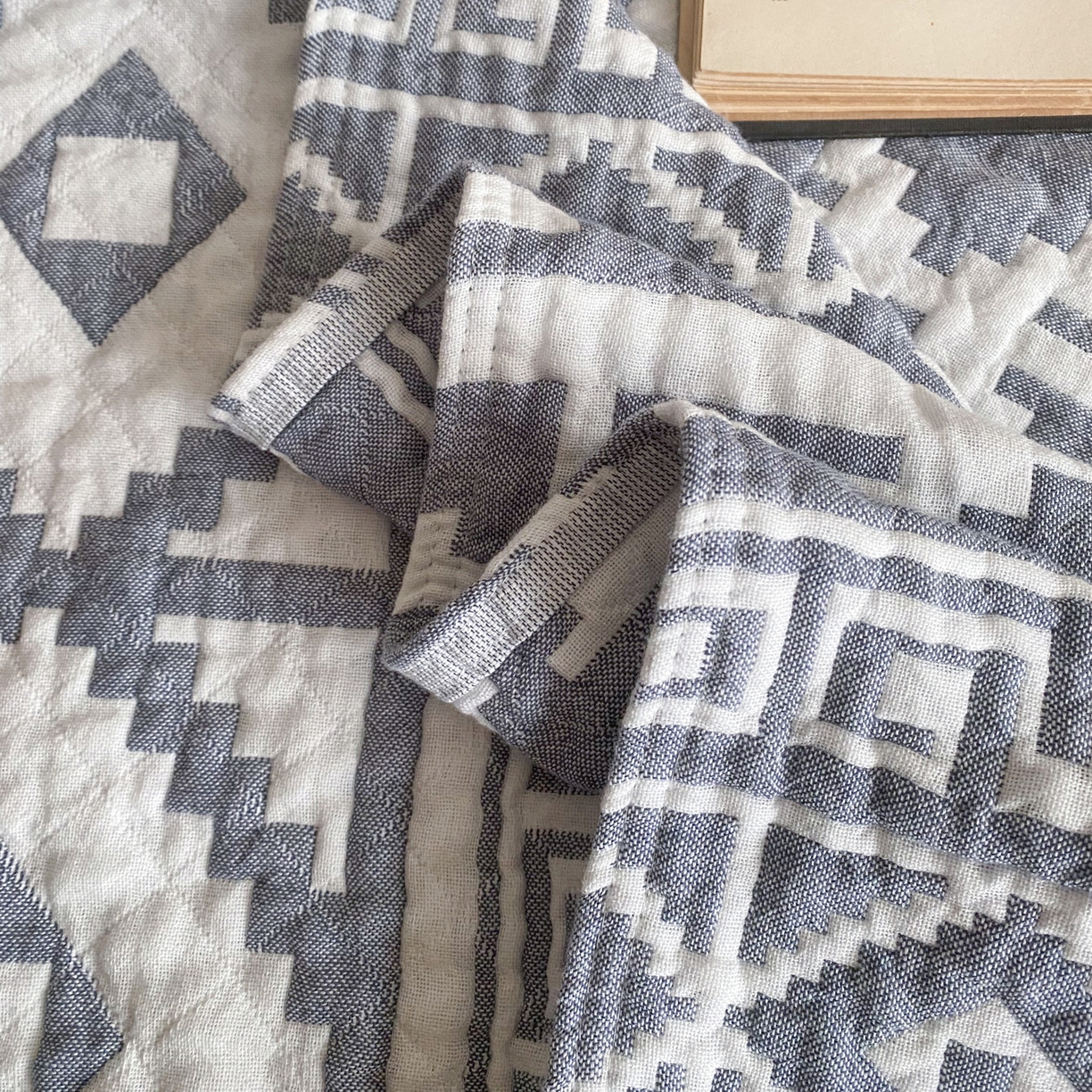 91家纺网 家纺一手货源 找家纺 卡奥家纺 2026新款水洗全棉纯棉四层纱盖毯毛巾被夏凉被夏被空调被-图腾系列 图腾-蓝