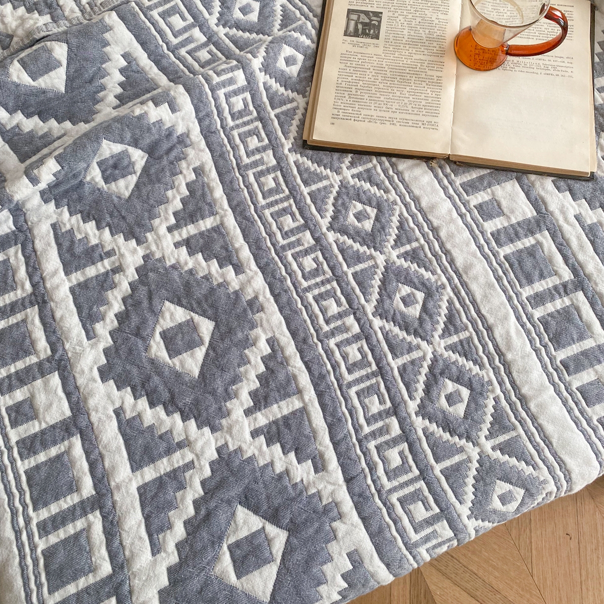 91家纺网 家纺一手货源 找家纺 卡奥家纺 2026新款水洗全棉纯棉四层纱盖毯毛巾被夏凉被夏被空调被-图腾系列 图腾-蓝