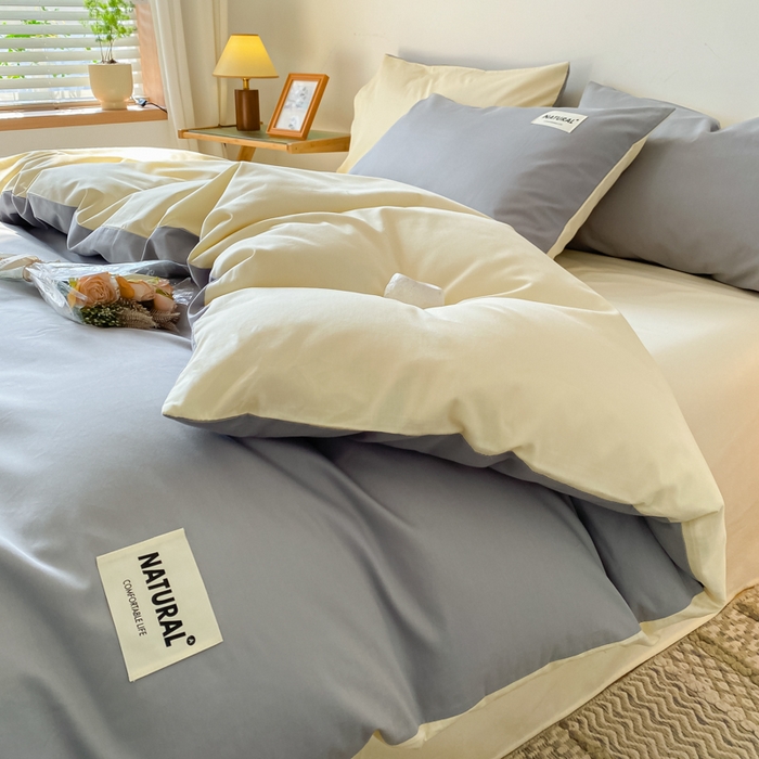 91家纺网 家纺一手货源 找家纺 昊翔家纺 2025新款13372全棉纯色四件套无印良品风简约套件 中灰-米黄