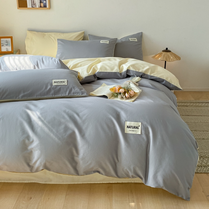 91家纺网 家纺一手货源 找家纺 昊翔家纺 2025新款13372全棉纯色四件套无印良品风简约套件 中灰-米黄