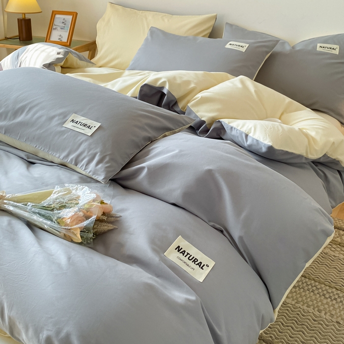 91家纺网 家纺一手货源 找家纺 昊翔家纺 2025新款13372全棉纯色四件套无印良品风简约套件 中灰-米黄