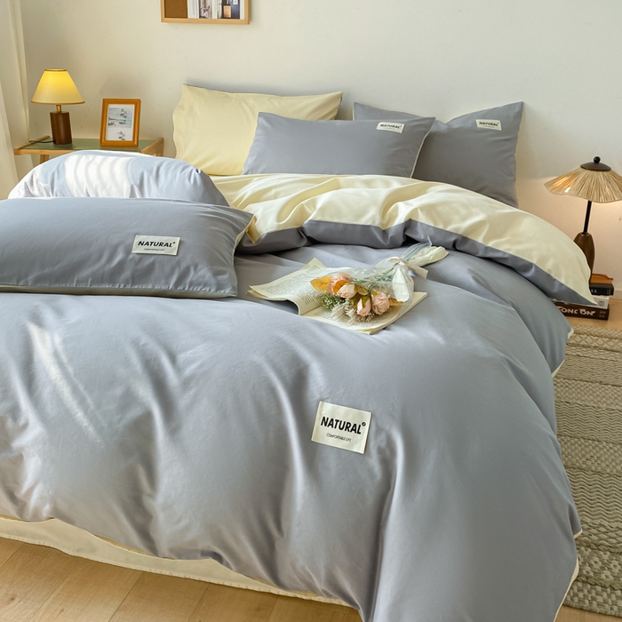 91家纺网 家纺一手货源 找家纺 昊翔家纺 2025新款13372全棉纯色四件套无印良品风简约套件 中灰-米黄