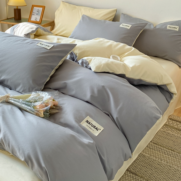 91家纺网 家纺一手货源 找家纺 昊翔家纺 2025新款13372全棉纯色四件套无印良品风简约套件 中灰-米黄