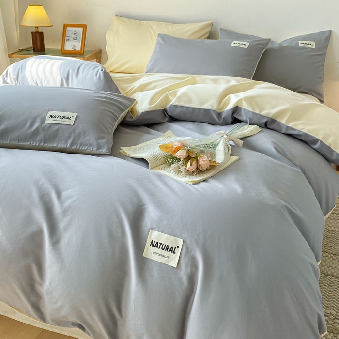 91家纺网 家纺一手货源 找家纺 昊翔家纺 2025新款13372全棉纯色四件套无印良品风简约套件 中灰-米黄