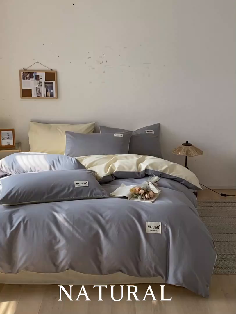 91家纺网 家纺一手货源 找家纺 昊翔家纺 2025新款13372全棉纯色四件套无印良品风简约套件 中灰-米黄