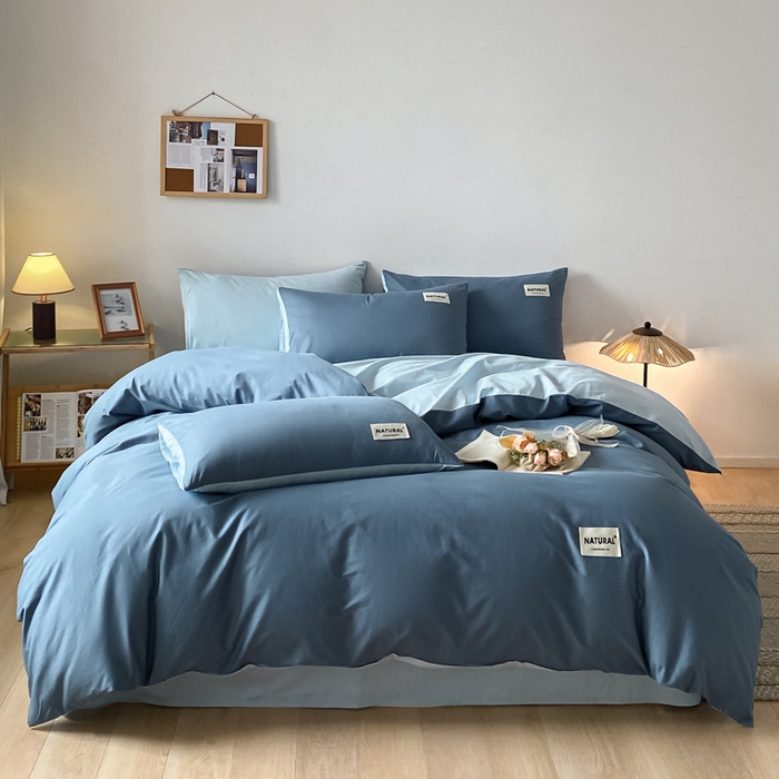 昊翔家纺 2025新款13372全棉纯色四件套无印良品风简约套件 宾利蓝-浅蓝