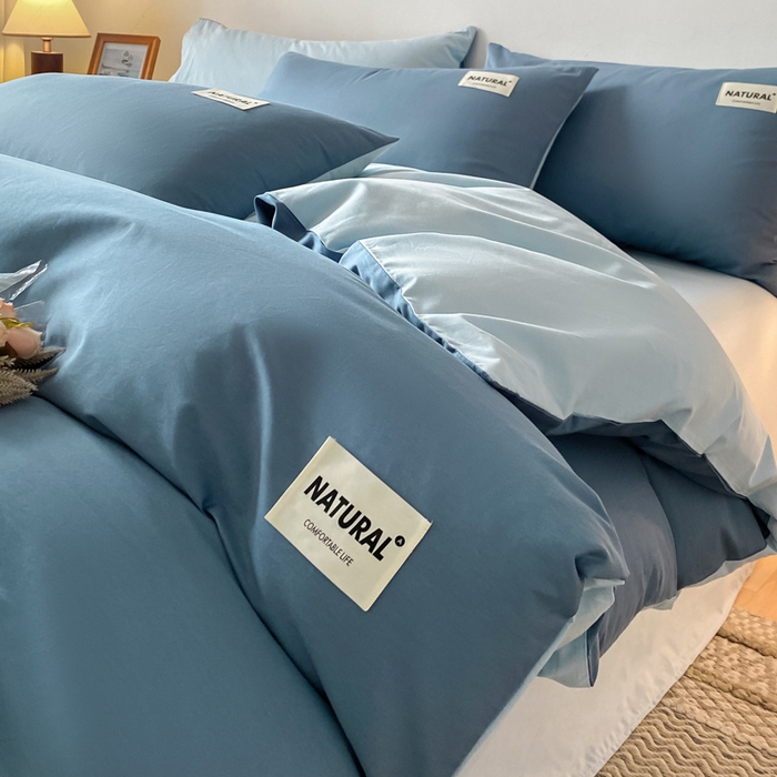 91家纺网 家纺一手货源 找家纺 昊翔家纺 2025新款13372全棉纯色四件套无印良品风简约套件 宾利蓝-浅蓝