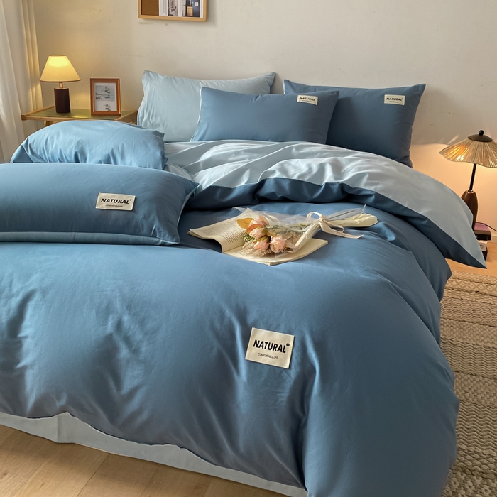 91家纺网 家纺一手货源 找家纺 昊翔家纺 2025新款13372全棉纯色四件套无印良品风简约套件 宾利蓝-浅蓝