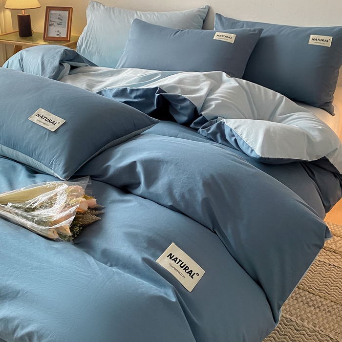 91家纺网 家纺一手货源 找家纺 昊翔家纺 2025新款13372全棉纯色四件套无印良品风简约套件 宾利蓝-浅蓝