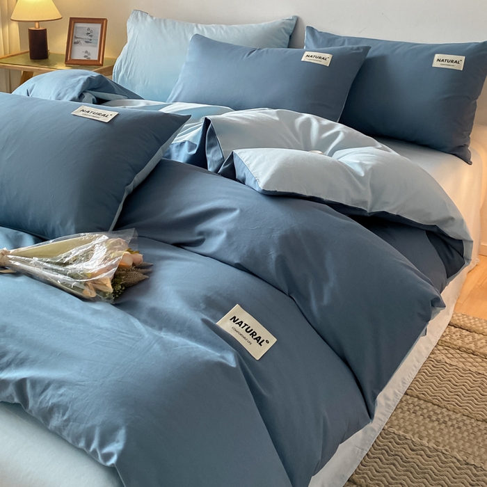 91家纺网 家纺一手货源 找家纺 昊翔家纺 2025新款13372全棉纯色四件套无印良品风简约套件 宾利蓝-浅蓝