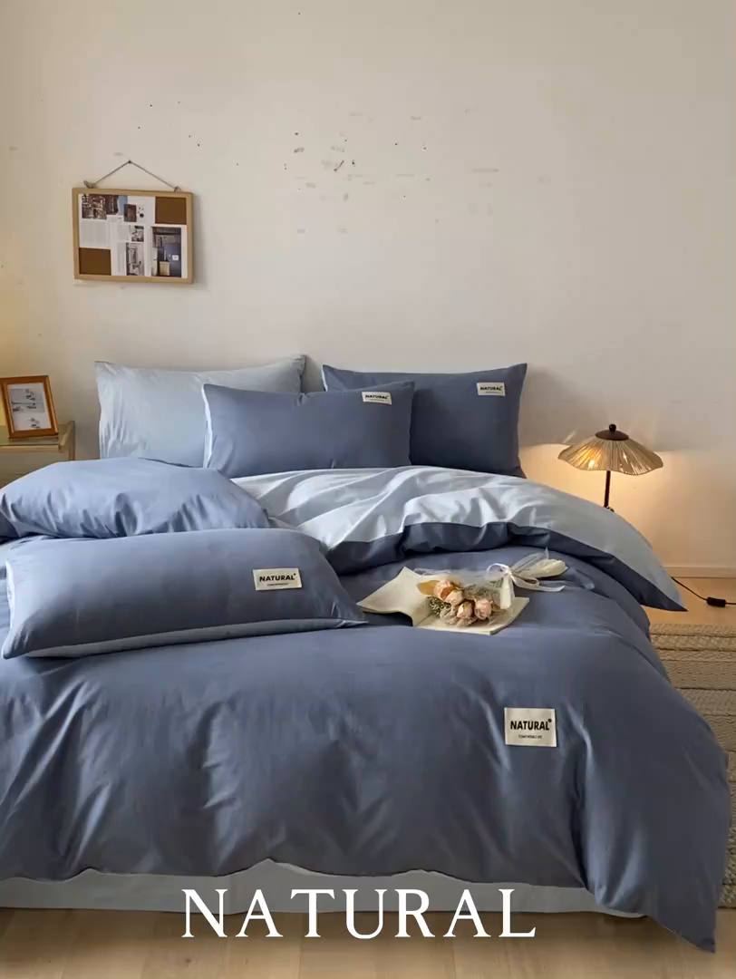 91家纺网 家纺一手货源 找家纺 昊翔家纺 2025新款13372全棉纯色四件套无印良品风简约套件 宾利蓝-浅蓝
