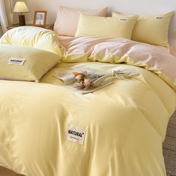 91家纺网 家纺一手货源 找家纺 昊翔家纺 2025新款13372全棉纯色四件套无印良品风简约套件 初黄-奶茶