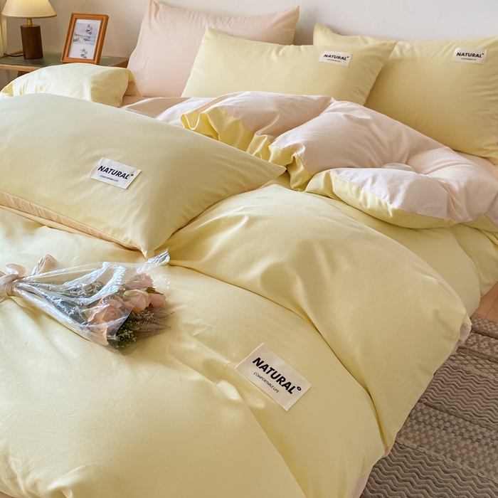91家纺网 家纺一手货源 找家纺 昊翔家纺 2025新款13372全棉纯色四件套无印良品风简约套件 初黄-奶茶