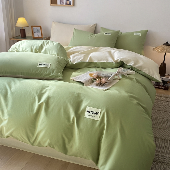 91家纺网 家纺一手货源 找家纺 昊翔家纺 2025新款13372全棉纯色四件套无印良品风简约套件 果绿-奶茶