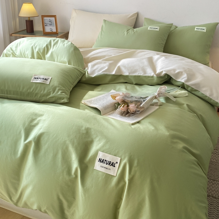 91家纺网 家纺一手货源 找家纺 昊翔家纺 2025新款13372全棉纯色四件套无印良品风简约套件 果绿-奶茶