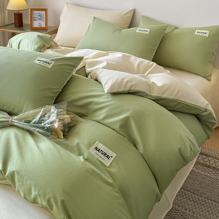 91家纺网 家纺一手货源 找家纺 昊翔家纺 2025新款13372全棉纯色四件套无印良品风简约套件 果绿-奶茶