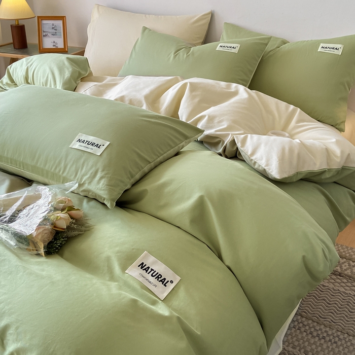 91家纺网 家纺一手货源 找家纺 昊翔家纺 2025新款13372全棉纯色四件套无印良品风简约套件 果绿-奶茶