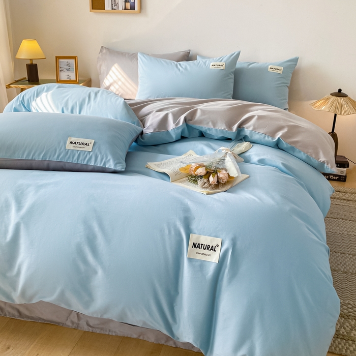 91家纺网 家纺一手货源 找家纺 昊翔家纺 2025新款13372全棉纯色四件套无印良品风简约套件 海青-浅灰