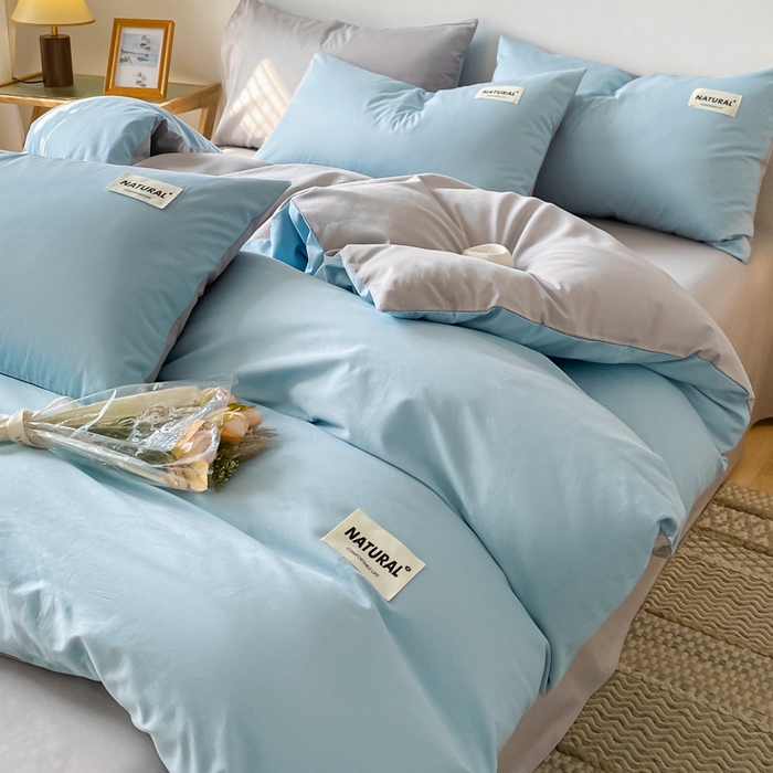 91家纺网 家纺一手货源 找家纺 昊翔家纺 2025新款13372全棉纯色四件套无印良品风简约套件 海青-浅灰