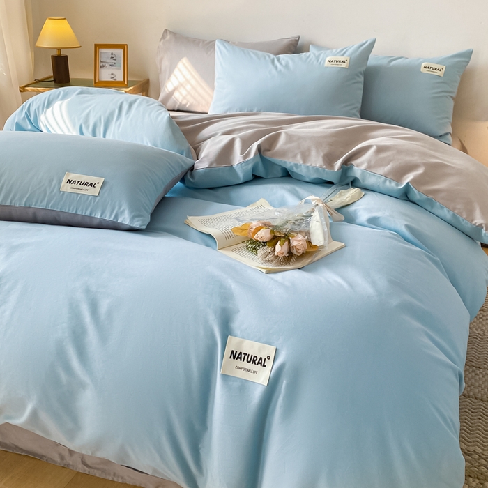 91家纺网 家纺一手货源 找家纺 昊翔家纺 2025新款13372全棉纯色四件套无印良品风简约套件 海青-浅灰