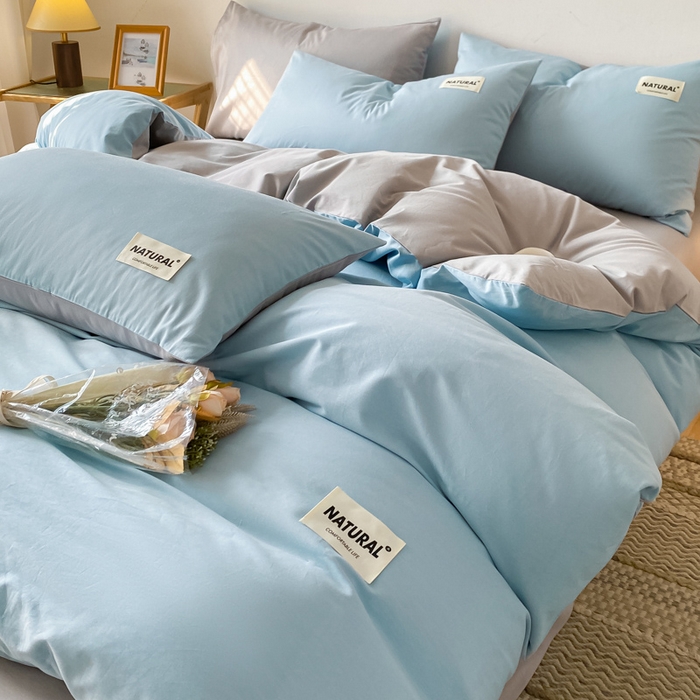 91家纺网 家纺一手货源 找家纺 昊翔家纺 2025新款13372全棉纯色四件套无印良品风简约套件 海青-浅灰
