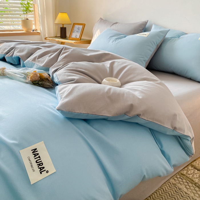 91家纺网 家纺一手货源 找家纺 昊翔家纺 2025新款13372全棉纯色四件套无印良品风简约套件 海青-浅灰