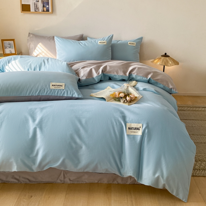 91家纺网 家纺一手货源 找家纺 昊翔家纺 2025新款13372全棉纯色四件套无印良品风简约套件 海青-浅灰