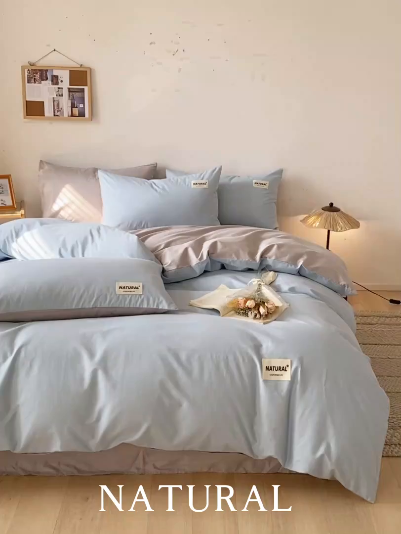 91家纺网 家纺一手货源 找家纺 昊翔家纺 2025新款13372全棉纯色四件套无印良品风简约套件 海青-浅灰